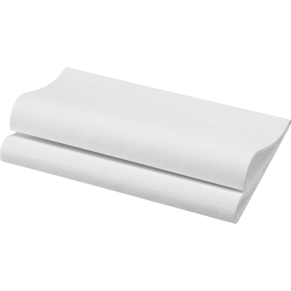 Deux serviettes Bio-Dunisoft 40 x 40 cm 1/4 pli de Duni GmbH sont empilées et pliées sur une surface plane avec un fond blanc, offrant une décoration de table luxueuse et biodégradable.