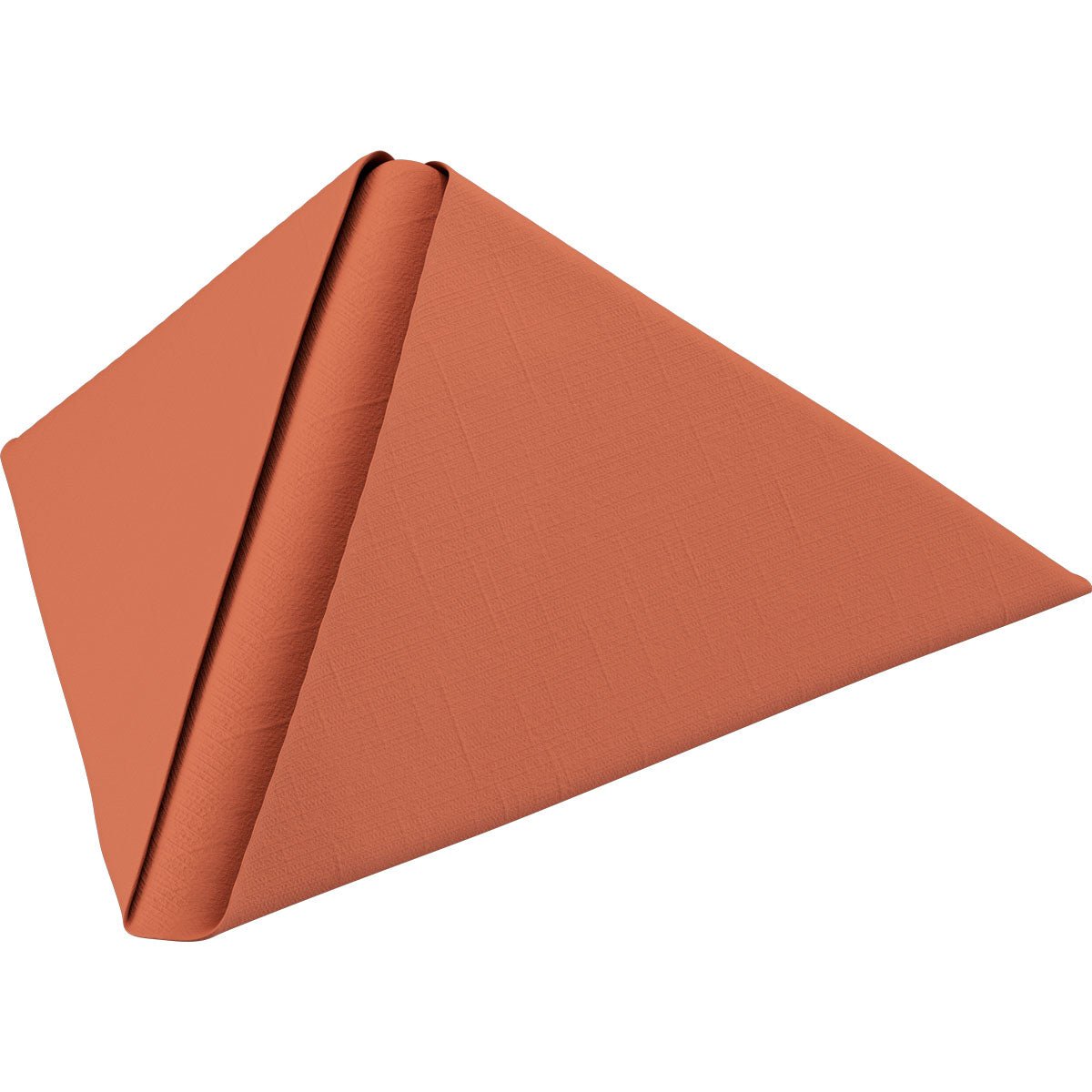Une seule serviette Dunilin 40 x 40 cm 1/4 pli de Duni GmbH couleur rouille est pliée en une forme pyramidale triangulaire debout devant un fond blanc.