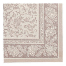 La serviette carrée de 40 x 40 cm de la collection ROYAL de la PAPSTAR GmbH en couleur "mocca" présente un motif floral et paisley orné avec une bordure décorative assortie. Le paquet contient 50 serviettes, chacune avec un pliage pratique en 1/4.
