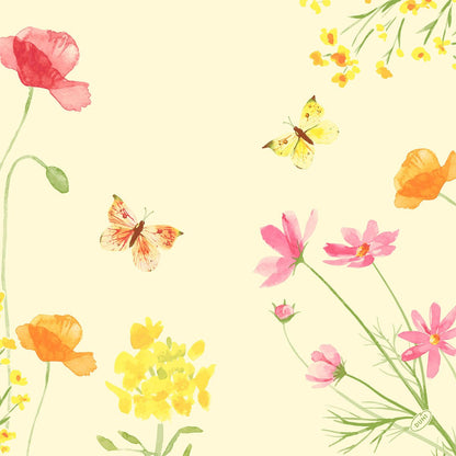 Des fleurs aquarelles en rouge, jaune et orange avec des papillons sur un fond jaune clair. Idéal pour les serviettes Dunisoft 40x40cm de Duni GmbH - parfait pour des serviettes élégantes ou des serviettes avec une sensation douce semblable à du tissu.