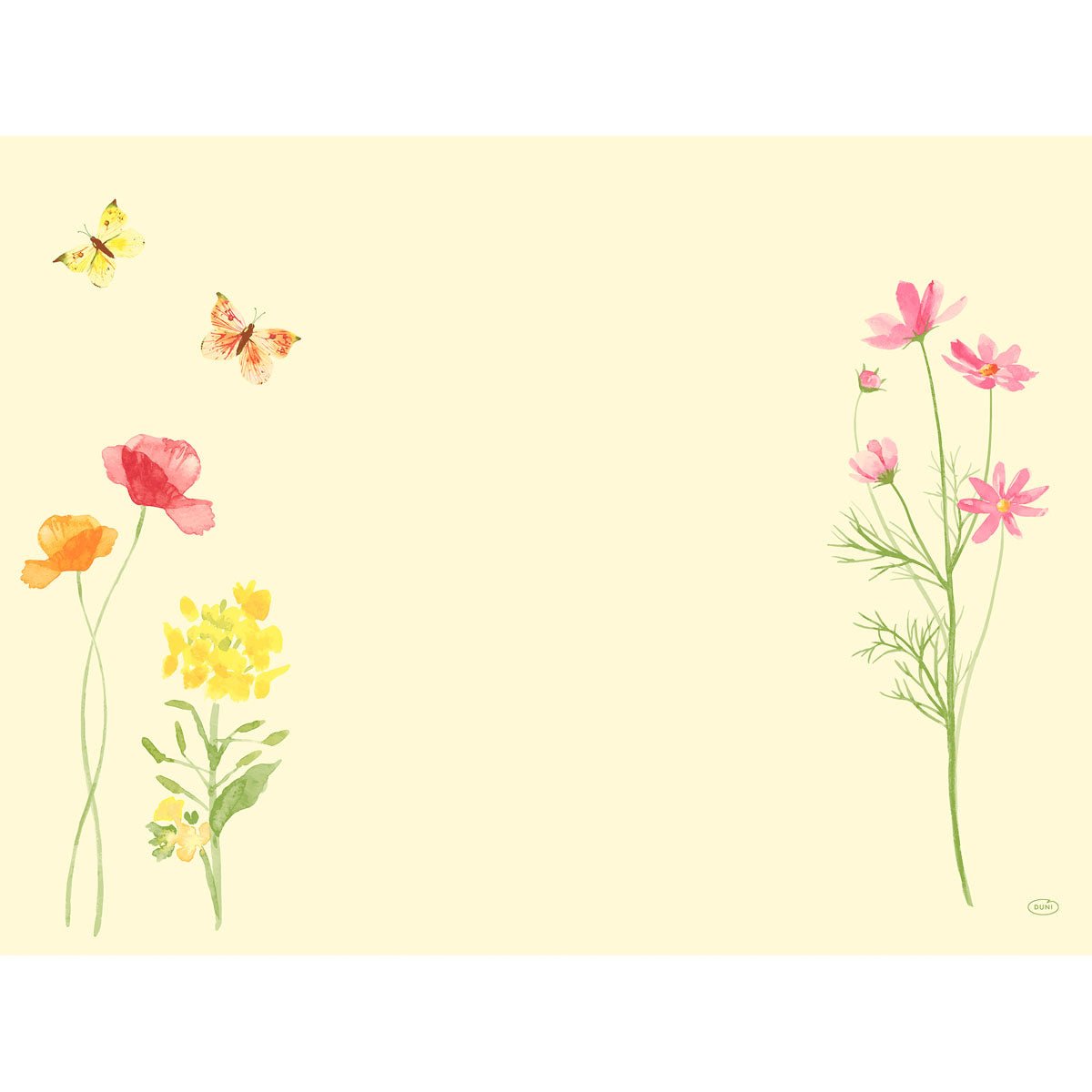 Les sets de table Dunicel 30 x 40 de la société Duni GmbH présentent un fond clair orné de fleurs jaunes et roses sur le pourtour, deux papillons dans le coin supérieur gauche et un centre en grande partie vide : ils constituent des sets de table jetables élégants.