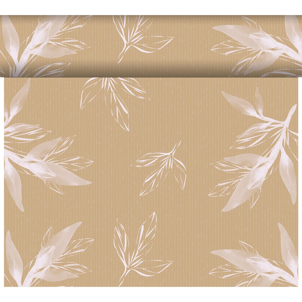 Un rouleau de papier peint brun clair avec des rayures subtiles et des feuilles botaniques blanches s'accorde parfaitement avec le chemin de table Dunicel Tête-à-Tête 24 m x 0,4 m (20 sections) de Duni GmbH pour une décoration de table élégante.
