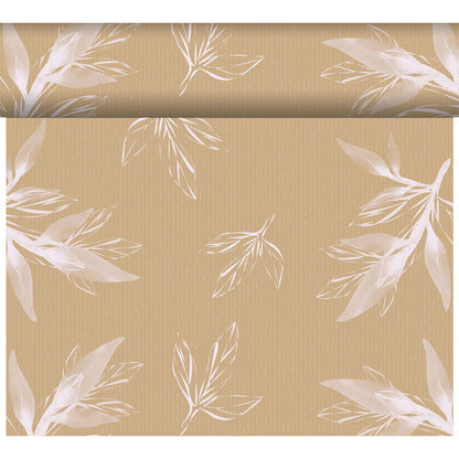 Un rouleau de papier peint brun clair avec des rayures subtiles et des feuilles botaniques blanches s'accorde parfaitement avec le chemin de table Dunicel Tête-à-Tête 24 m x 0,4 m (20 sections) de Duni GmbH pour une décoration de table élégante.
