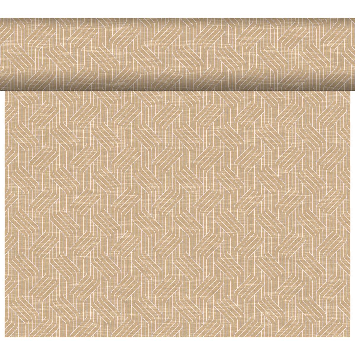 Le chemin de table Dunicel Tête-à-Tête (24 m x 0,4 m, 20 sections) de Duni GmbH se distingue par son motif géométrique en chevrons beige et crème - idéal comme toile de fond élégante pour un Tête-à-Tête ou une décoration de table élégante.