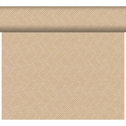 Le chemin de table Dunicel Tête-à-Tête (24 m x 0,4 m, 20 sections) de Duni GmbH se distingue par son motif géométrique en chevrons beige et crème - idéal comme toile de fond élégante pour un Tête-à-Tête ou une décoration de table élégante.