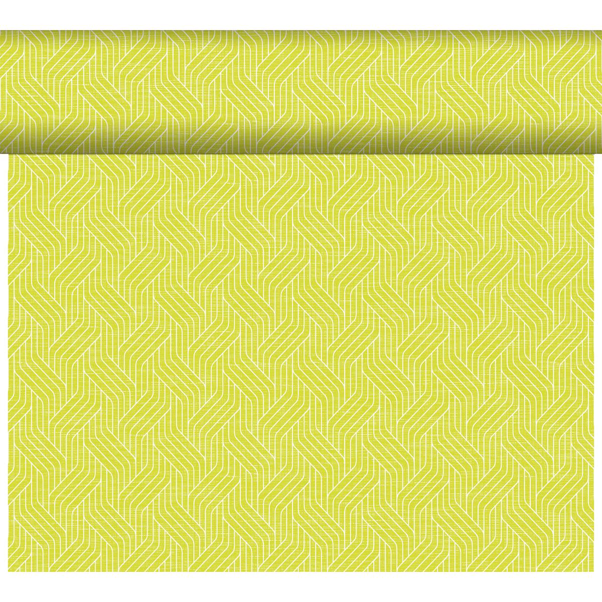 Le chemin de table Dunicel Tête-à-Tête 24 m x 0,4 m (20 sections) de Duni GmbH présente un motif en zigzag imbriqué en jaune clair et vert tilleul, idéal pour des décorations de table modernes, ici partiellement déroulé devant un fond blanc.