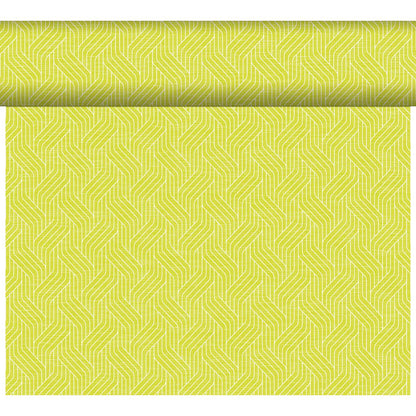 Le chemin de table Dunicel Tête-à-Tête 24 m x 0,4 m (20 sections) de Duni GmbH présente un motif en zigzag imbriqué en jaune clair et vert tilleul, idéal pour des décorations de table modernes, ici partiellement déroulé devant un fond blanc.