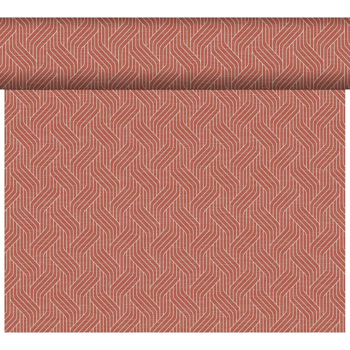 Le chemin de table Dunicel Tête-à-Tête de Duni GmbH (24 m × 0,4 m, 20 sections) présente un motif géométrique blanc entrelacé sur un rouge brique tamisé, idéal pour une décoration de table élégante ou une inspiration créative.