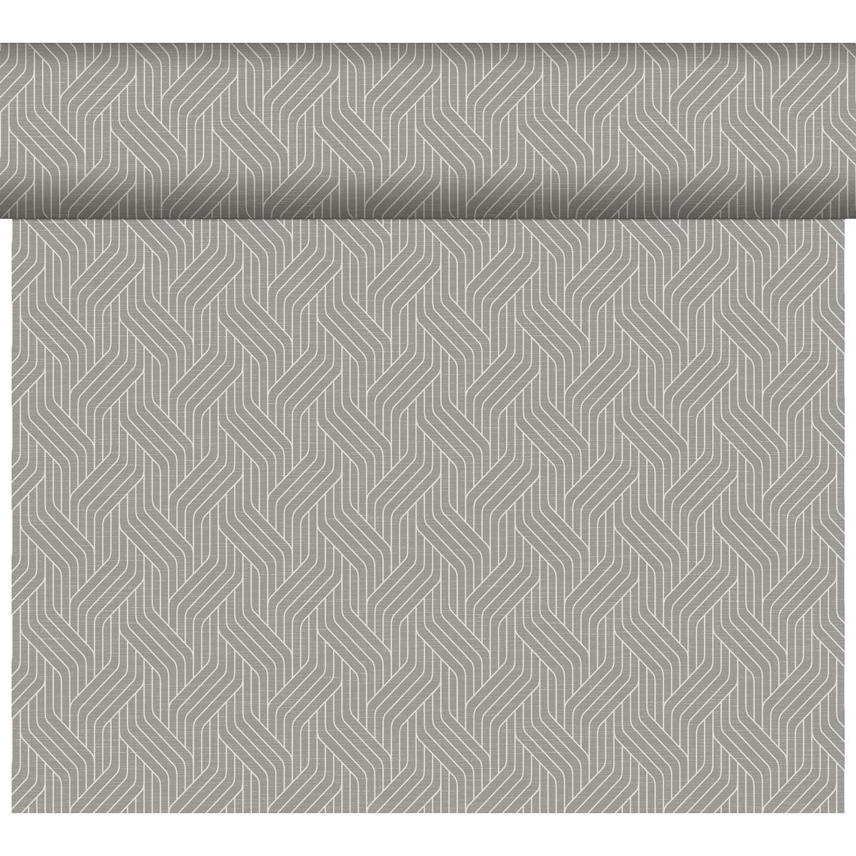Le chemin de table Dunicel Tête-à-Tête (24 m x 0,4 m, 20 sections) de Duni GmbH se caractérise par un motif géométrique répété en gris clair et foncé - idéal pour donner une touche moderne à votre décoration de table ou votre Tête-à-Tête.