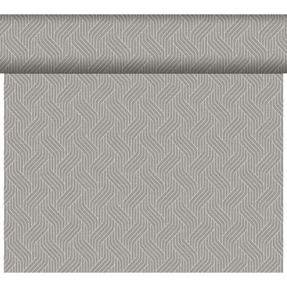 Le chemin de table Dunicel Tête-à-Tête (24 m x 0,4 m, 20 sections) de Duni GmbH se caractérise par un motif géométrique répété en gris clair et foncé - idéal pour donner une touche moderne à votre décoration de table ou votre Tête-à-Tête.