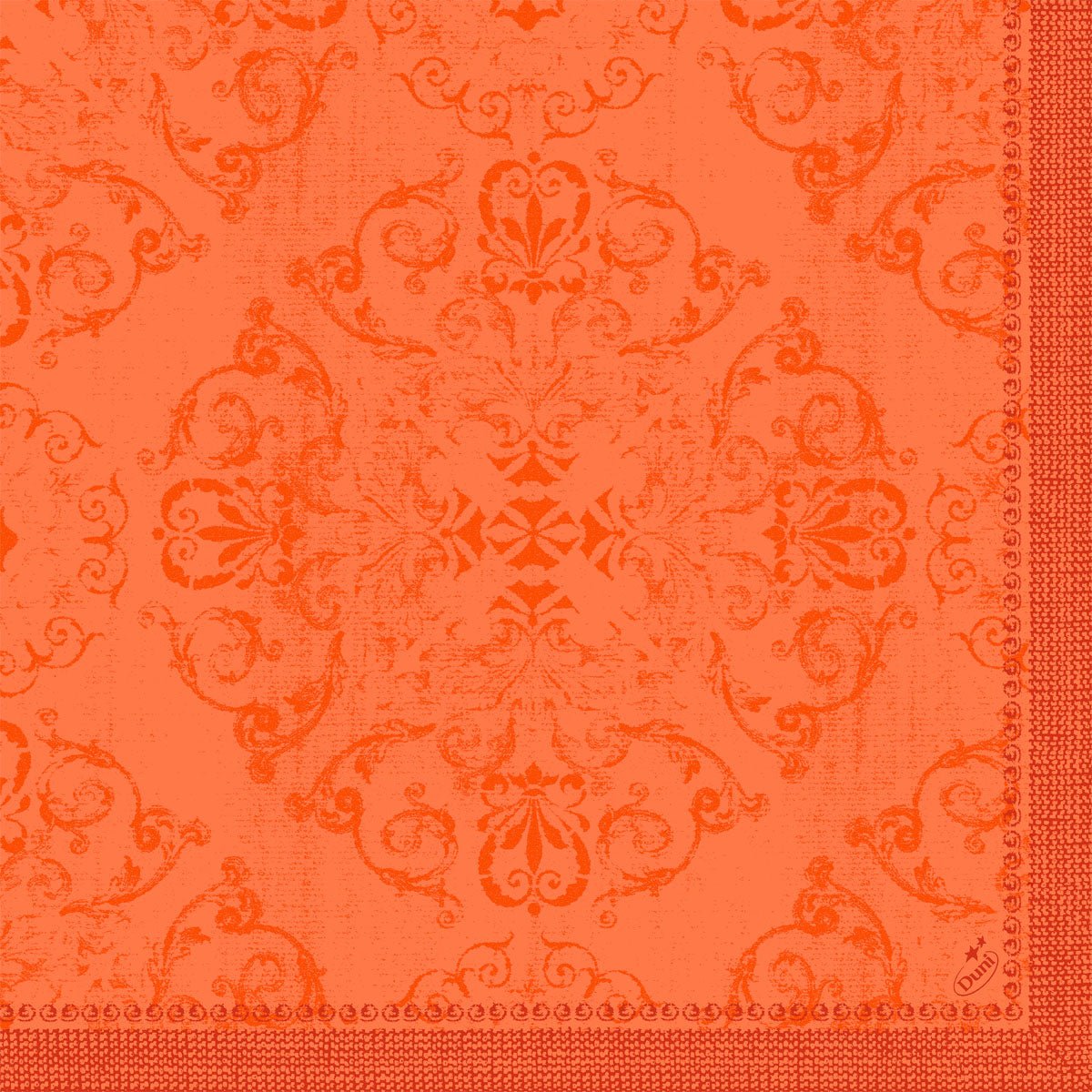 Le motif damassé orange orné de motifs floraux et de volutes confère aux serviettes Dunilin 40 x 40 cm 1/4 pli de Duni GmbH un look vintage structuré - idéal comme serviettes de haute qualité pour toutes les occasions.