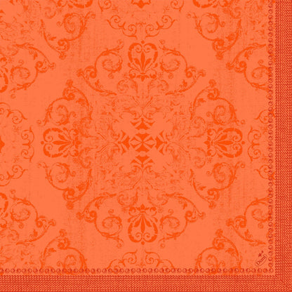 Le motif damassé orange orné de motifs floraux et de volutes confère aux serviettes Dunilin 40 x 40 cm 1/4 pli de Duni GmbH un look vintage structuré - idéal comme serviettes de haute qualité pour toutes les occasions.
