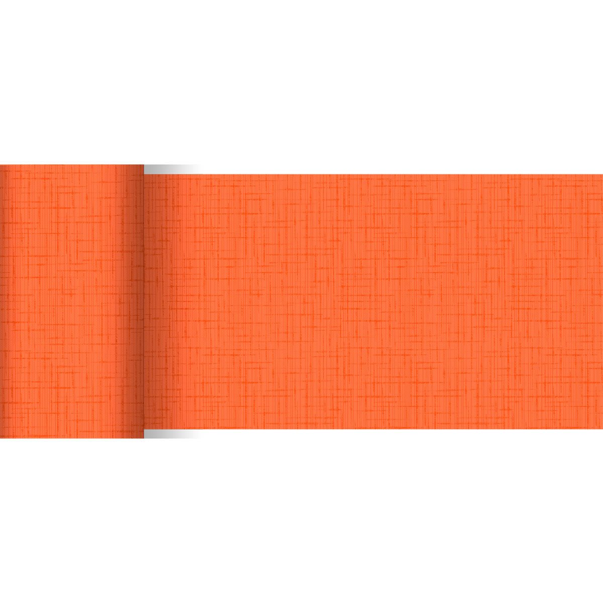 Le chemin de table Dunicel orange partiellement déroulé (20 m x 15 cm) de Duni GmbH se distingue par un motif de lignes croisées discret et est idéal pour une décoration de table élégante grâce à sa couleur vive et son design.