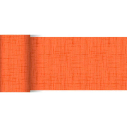 Le chemin de table Dunicel orange partiellement déroulé (20 m x 15 cm) de Duni GmbH se distingue par un motif de lignes croisées discret et est idéal pour une décoration de table élégante grâce à sa couleur vive et son design.