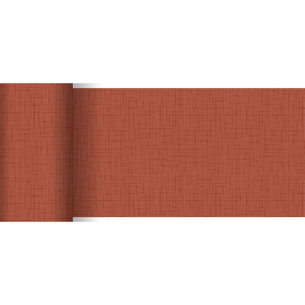 Le chemin de table Dunicel de Duni GmbH (20 m x 15 cm) présente un motif de hachures croisées texturées en rouille atténuée ou en terre cuite, partiellement déroulé sur fond blanc - idéal comme décoration de table.