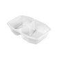 La coque PP HMR 2 Transparent PP 215x148x50 de Duni GmbH est un contenant alimentaire transparent avec deux compartiments, présenté vide sur un fond blanc. Disponible en paquets de 312 pièces.