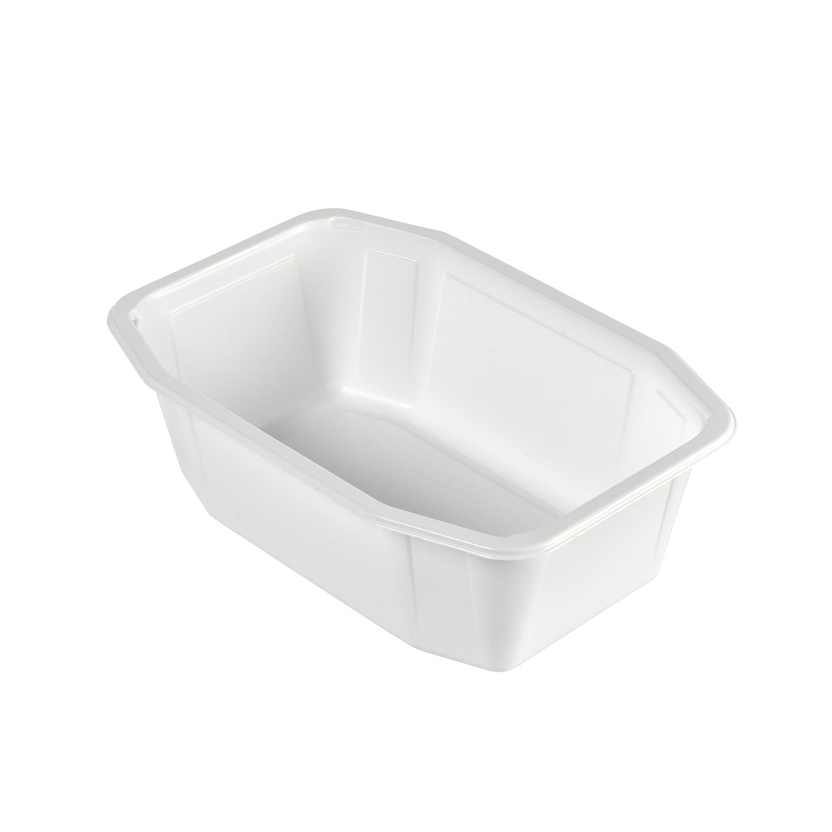 La coque PP HMR blanche PP 215x148 de Duni GmbH est un simple récipient alimentaire rectangulaire en plastique blanc avec des côtés légèrement inclinés et un fond plat, représenté sur un fond blanc.