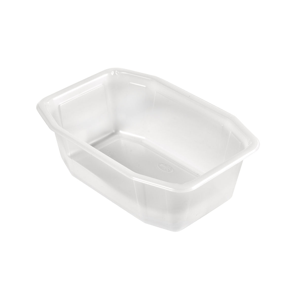 La barquette PP HMR Transparente PP 215x148 de Duni GmbH, un conteneur rectangulaire clair avec des côtés biseautés et des coins arrondis, est représentée vide sur un fond blanc.