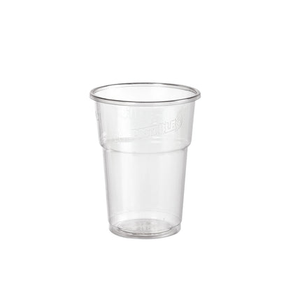 Le verre, PLA, trait de remplissage transparent PLA gobelet de Duni GmbH est un gobelet en plastique transparent avec une surface lisse et vitreuse et un rebord légèrement évasé, illustré vide sur un fond blanc.