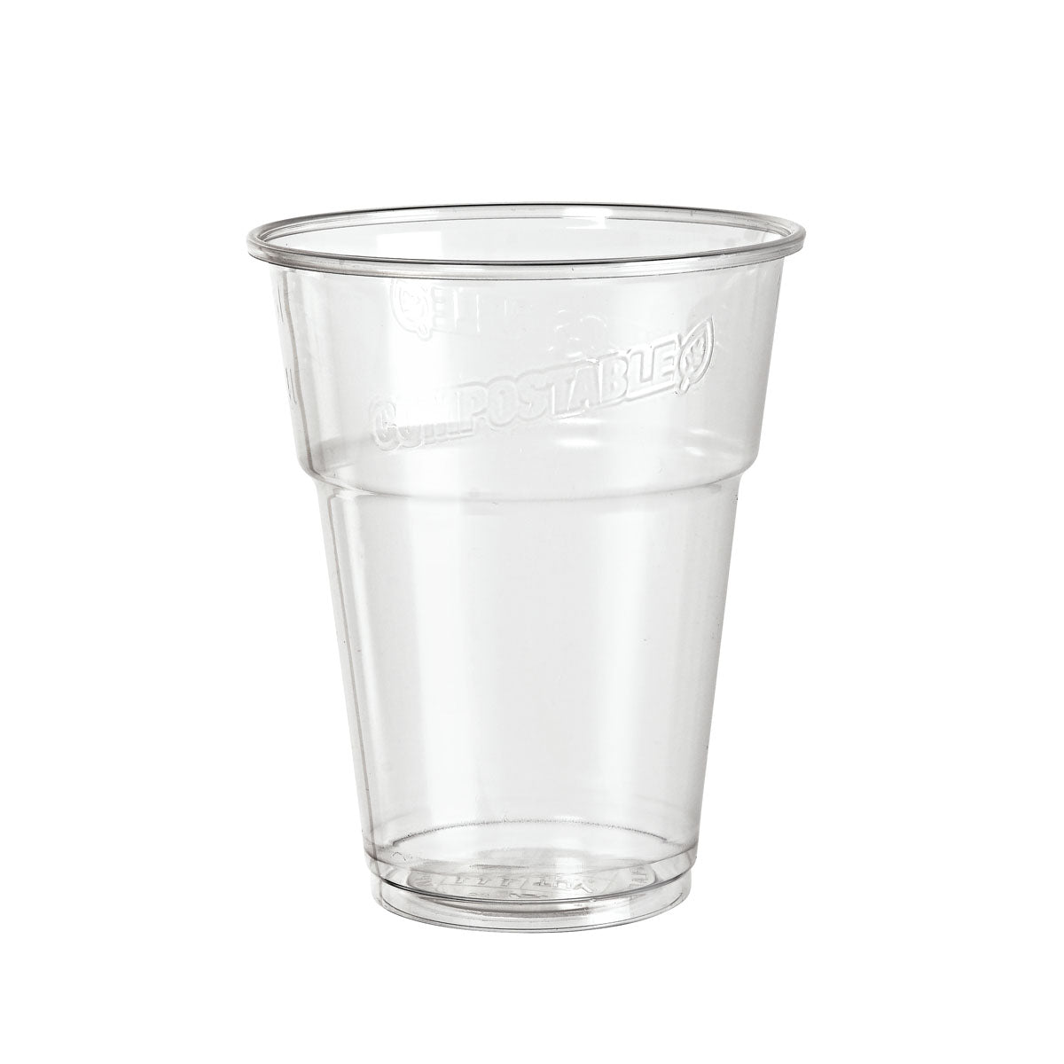 Un gobelet en PLA transparent "verre, PLA, trait de remplissage transparent PLA" de Duni GmbH se tient debout sur un fond blanc. Un texte embossé près du bord met en avant le filament écologique, qui représente un choix durable.