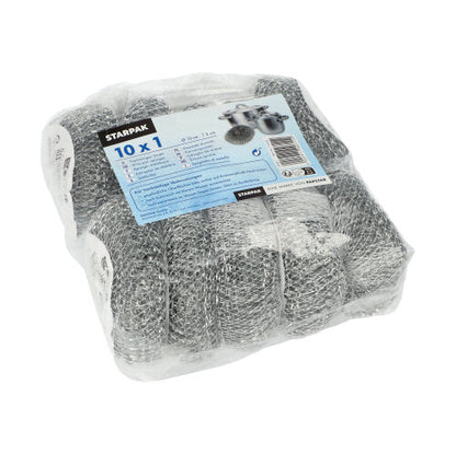 Un récurant Starpak emballé dans du plastique (fil rond Ø 10 cm, 3 cm, éraflant | filet, 1 pièce) avec un texte bleu et des images de brosses, idéal pour le nettoyage en profondeur des ustensiles de cuisine avec des détails du produit sur le devant.
