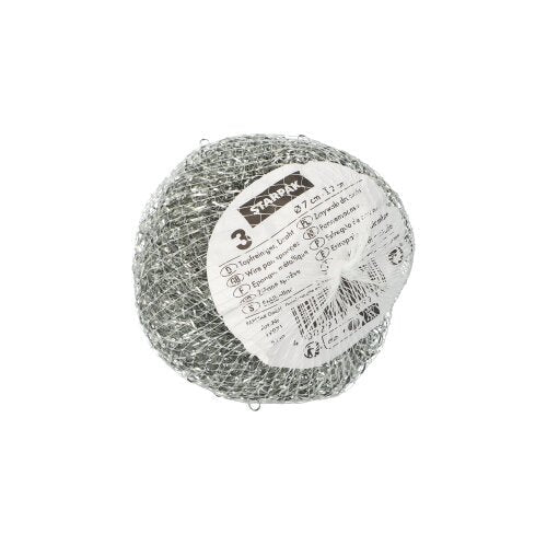 Les Starpak 3 éponges à récurer (fil Ø 7 cm · 2 cm, abrasif | filet, 3 pièces) sont des éponges métalliques rondes avec une étiquette d'information blanche, idéales pour un nettoyage en profondeur et le récurage de différentes surfaces.