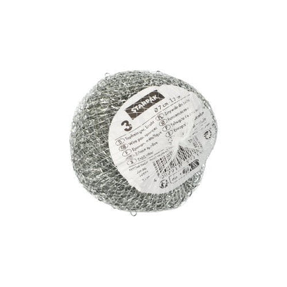 Les Starpak 3 éponges à récurer (fil Ø 7 cm · 2 cm, abrasif | filet, 3 pièces) sont des éponges métalliques rondes avec une étiquette d'information blanche, idéales pour un nettoyage en profondeur et le récurage de différentes surfaces.