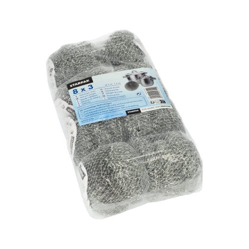 Un emballage transparent en plastique contenant trois éponges à récurer en fil Starpak (Ø 7 cm, 2 cm, abrasif) avec l'inscription « Starpak ». L'étiquette bleu-blanc vante une solution de nettoyage efficace pour casseroles et poêles en plusieurs langues.