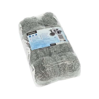 Un emballage transparent en plastique contenant trois éponges à récurer en fil Starpak (Ø 7 cm, 2 cm, abrasif) avec l'inscription « Starpak ». L'étiquette bleu-blanc vante une solution de nettoyage efficace pour casseroles et poêles en plusieurs langues.