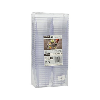 Un paquet de 50 bols à fingerfood triangulaires transparents Starpak (PS transparent) de Starpak dans un emballage plastique transparent, muni d'une étiquette avec des informations et une image de dessert - idéal pour les événements et les présentations de desserts élégants.