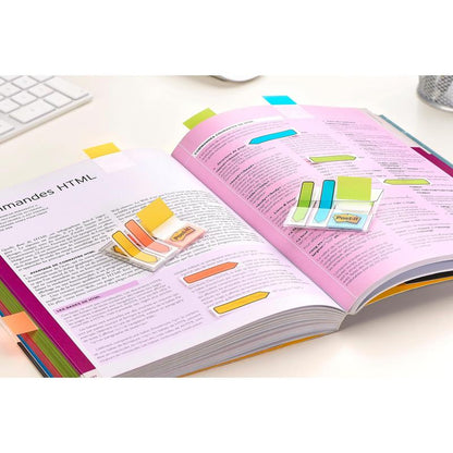 Un livre ouvert avec des Post-it® Index Strong Onglets de classement, Mini (Bleu, Violet, Rose et Jaune) de 3M Deutschland GmbH marque des sections HTML importantes. Un clavier et un porte-stylo sur un bureau blanc indiquent une organisation efficace des documents.