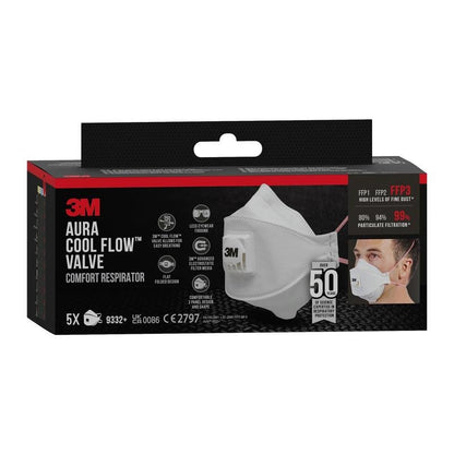 Une boîte noire du masque respiratoire à particules 3M™ Aura™ Comfort Cool Flow™ 9332+ (FFP3, avec valve) de 3M Deutschland GmbH avec une illustration du masque blanc, les principales caractéristiques, la classification FFP3 et des informations sur un paquet de 5 masques respiratoires.