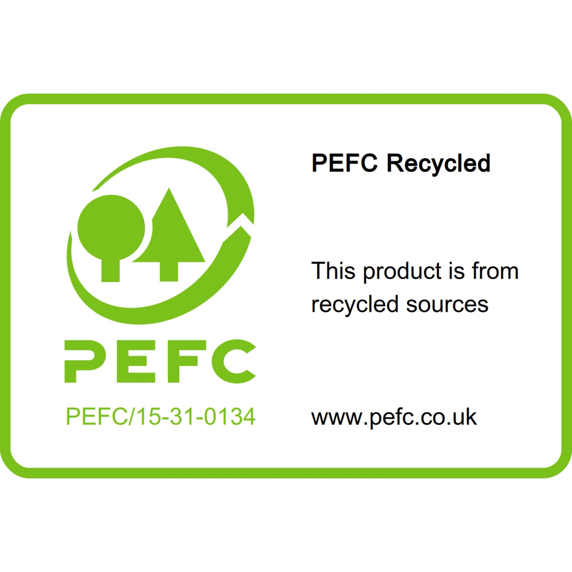 Ein PEFC-Etikett auf 3M Post-it® Super Sticky 100% Recycling Notes, SGSCH-PEFC-COC-110078, besagt "Dieses Produkt stammt aus recycelten Quellen" mit grünem/schwarzem PEFC-Logo und www.pefc.co.uk auf Weiß (Packung, 1 Stück).