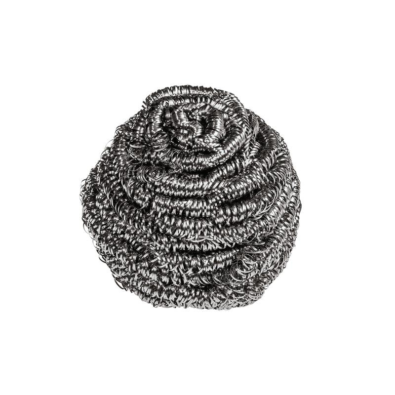 La spirale en acier inoxydable Scotch-Brite® de 3M Deutschland GmbH (3 pièces par paquet) en acier inoxydable argenté avec une structure torsadée est idéale pour le nettoyage de la cuisine et élimine les salissures tenaces. Représentée sur fond blanc.