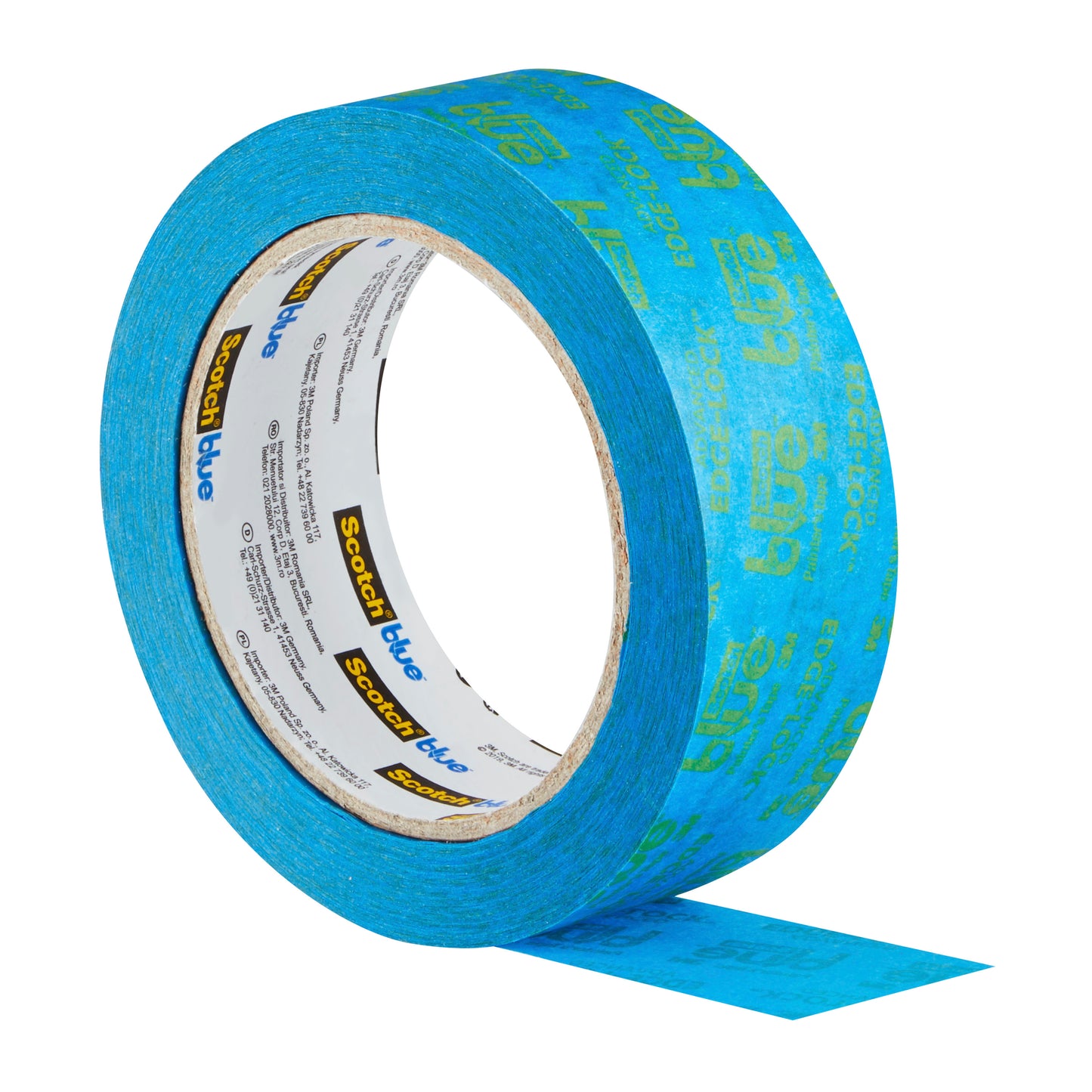 Eine teilweise abgerollte Rolle ScotchBlue™ Malerabdeckband für scharfe Linien von 3M Deutschland GmbH, mit blauem Band mit gelbem "ScotchBlue"-Schriftzug und sichtbarer Klebeseite.