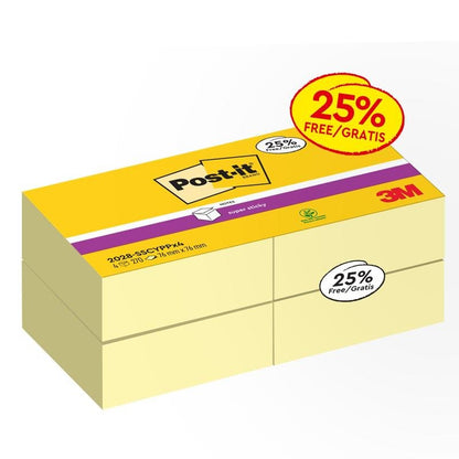 Un paquet de cubes Post-it® Super Sticky Notes, jaune, 76 mm x 76 mm de 3M Deutschland GmbH est muni de l'autocollant "25% Free/Gratis" et contient plusieurs piles de notes autocollantes jaune pâle.