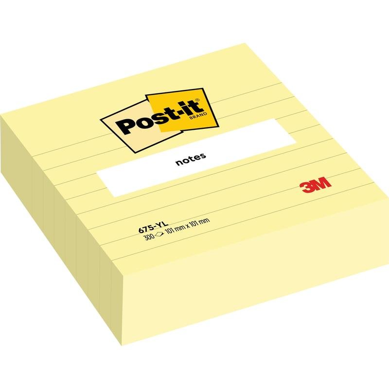 Un bloc de notes Post-it® jaunes doublés en grand format (101 mm x 101 mm, 300 feuilles) de 3M Deutschland GmbH avec une étiquette "notes" blanche et un logo 3M rouge - idéal pour des notes organisées et généreuses.