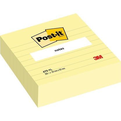 Un bloc de notes Post-it® jaunes doublés en grand format (101 mm x 101 mm, 300 feuilles) de 3M Deutschland GmbH avec une étiquette "notes" blanche et un logo 3M rouge - idéal pour des notes organisées et généreuses.