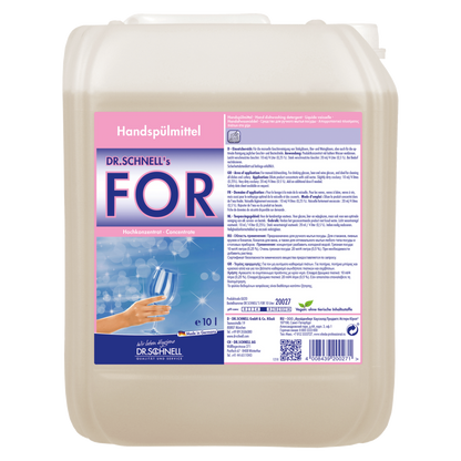 Ein 10-Liter-Kunststoffbehälter von Dr. Schnell FOR Handspülmittel der DR.SCHNELL GmbH & Co. KGaA zeigt ein rosa-blaues Etikett mit einer Hand, die ein sauberes Weinglas hält, und eine deutsche Produktinformation für das Geschirrspülen in der Gastronomie.