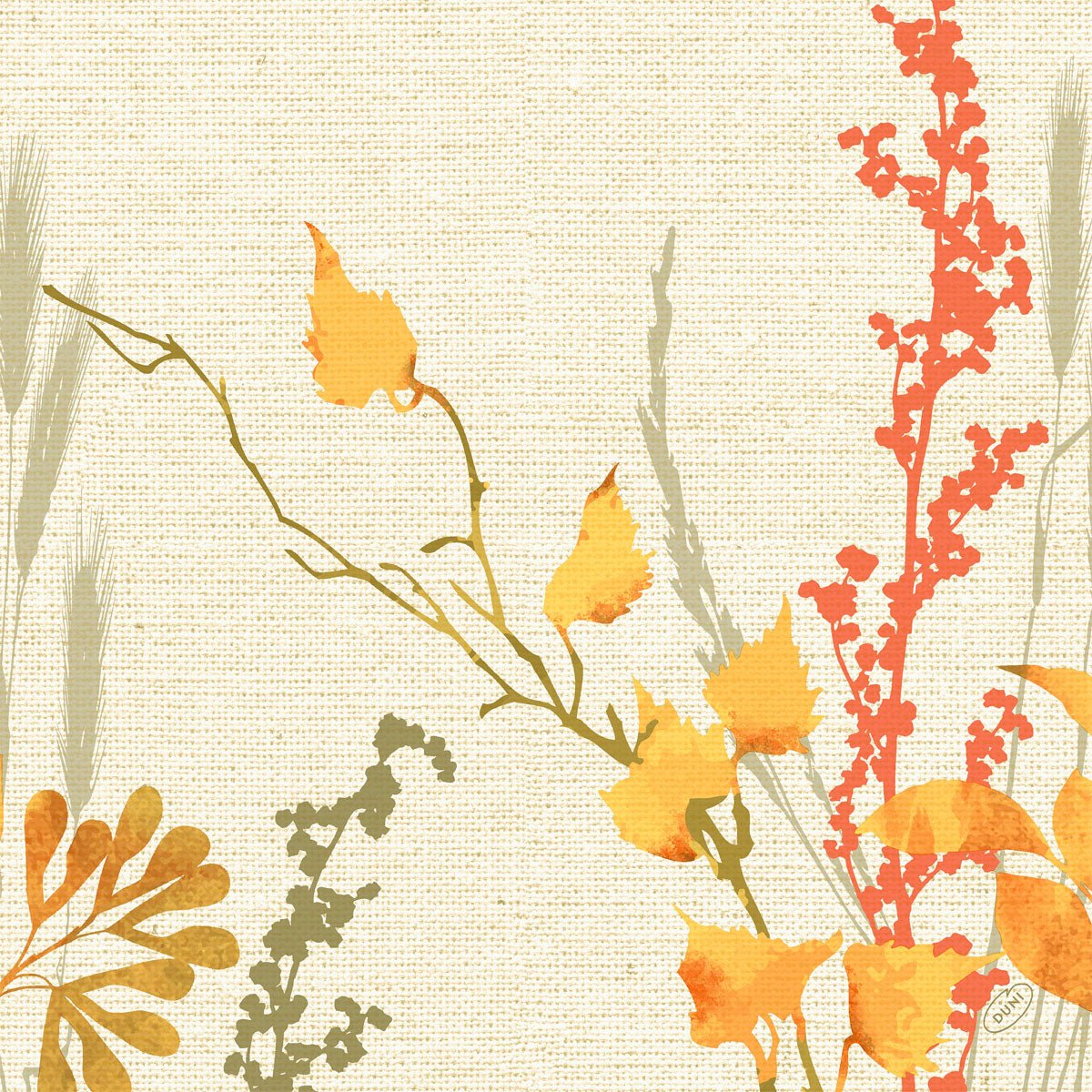Les serviettes 40x40 4 plis Klassik Fall Beauty de Duni GmbH présentent un design botanique aquarellé avec des feuilles jaunes, rouges et vertes sur un fond beige texturé pour un look élégant. Chaque paquet contient 50 serviettes de haute qualité.