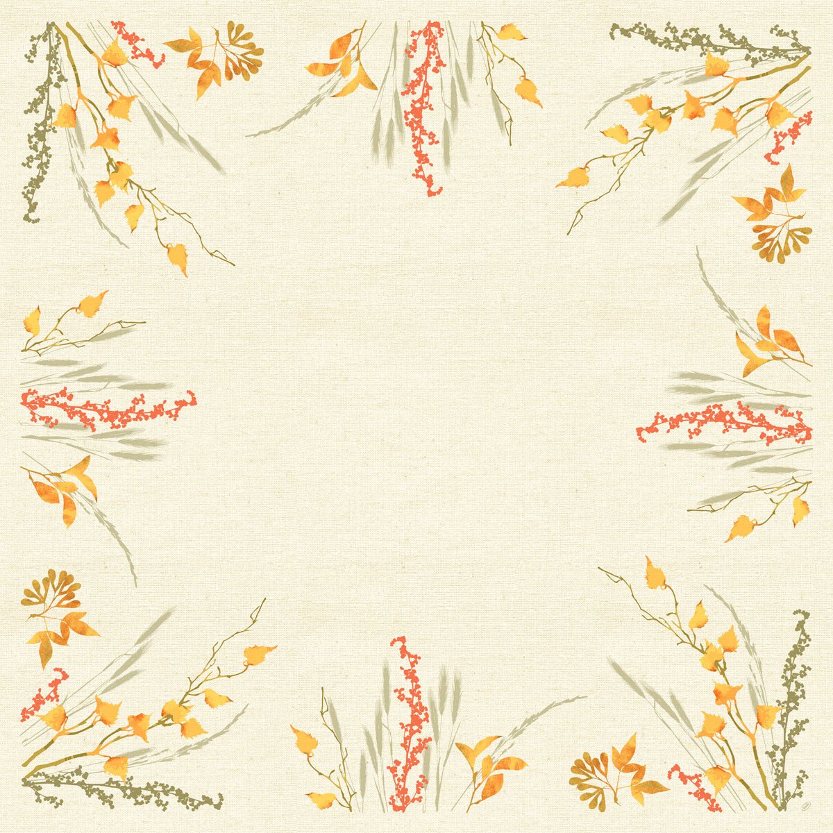 La nappe intermédiaire Dunicel 84x84cm Fall Beauty de Duni GmbH est une nappe carrée beige avec des feuilles jaune-orange, des baies rouges et de l'herbe vert-gris dans un style aquarelle sur les bords et les coins ; le centre reste libre.