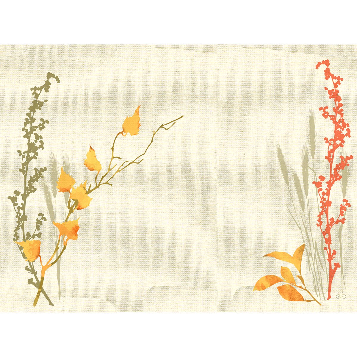 Un fond beige texturé orné d'un motif botanique simple – des tiges jaunes et vertes à gauche, des tiges rouges à droite – laisse le centre vide. Motif idéal pour les sets Dunicel 30 x 40 de la société Duni GmbH.