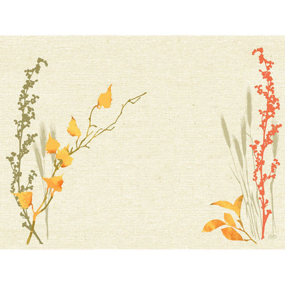 Un fond beige texturé orné d'un motif botanique simple – des tiges jaunes et vertes à gauche, des tiges rouges à droite – laisse le centre vide. Motif idéal pour les sets Dunicel 30 x 40 de la société Duni GmbH.