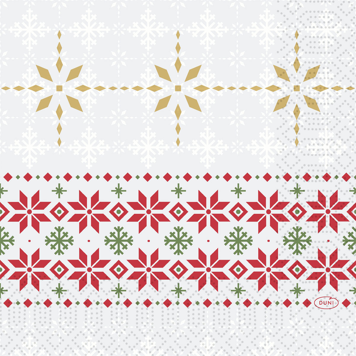 Die Servietten 33x33 3lagig 1/4 Tradition von Duni GmbH zeigen goldene, rote und grüne Sterne und Schneeflocken in Reihen auf Weiß, die an klassische Weihnachtsdekoration erinnern. Die Packung enthält 50 Stück.
