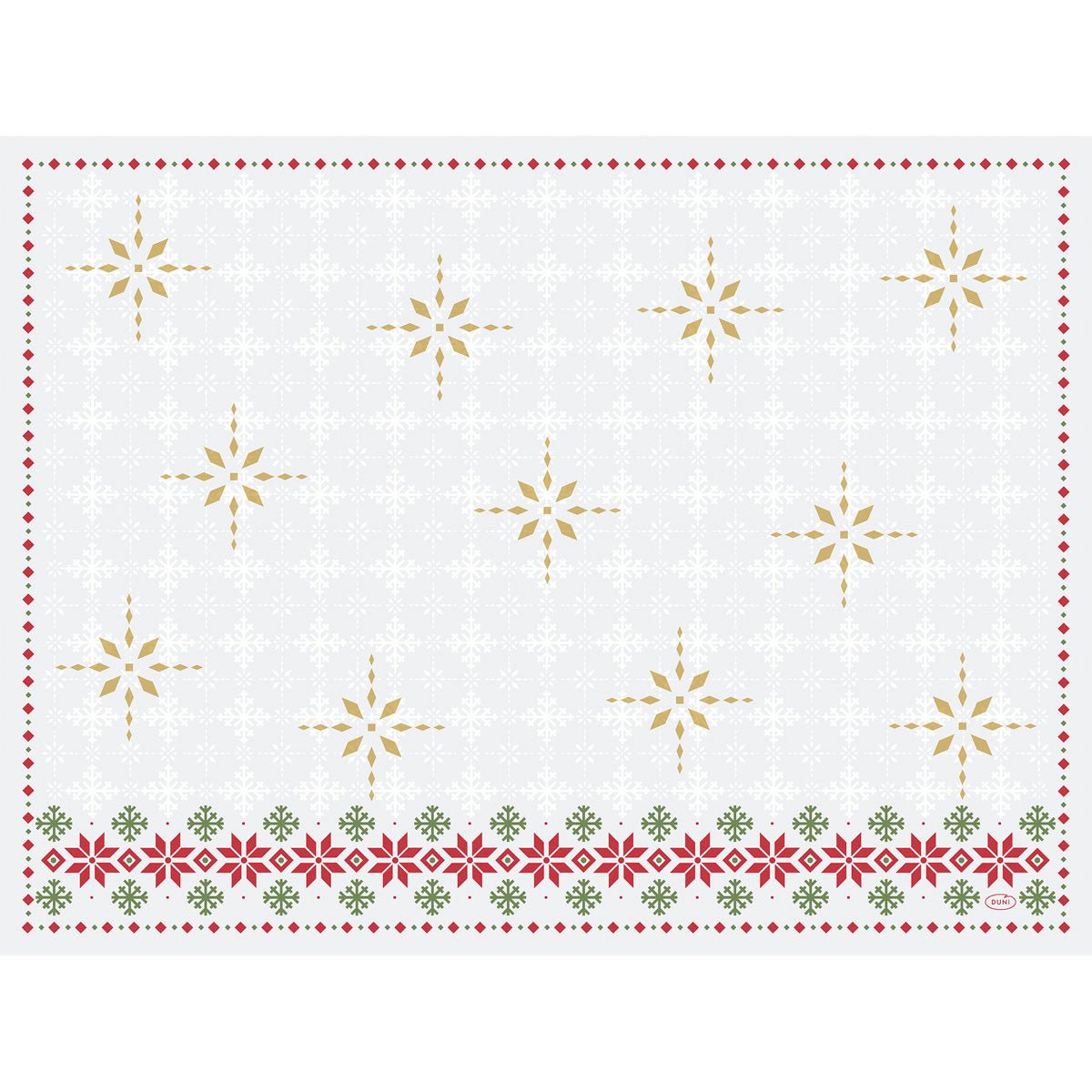 Le set de table Dunicel-Sets 30 x 40 de la société Duni GmbH est rectangulaire, blanc et orné de flocons de neige dorés et gris, ainsi que d'une bordure florale rouge et verte sur le bord inférieur.