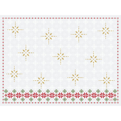 Le set de table Dunicel-Sets 30 x 40 de la société Duni GmbH est rectangulaire, blanc et orné de flocons de neige dorés et gris, ainsi que d'une bordure florale rouge et verte sur le bord inférieur.