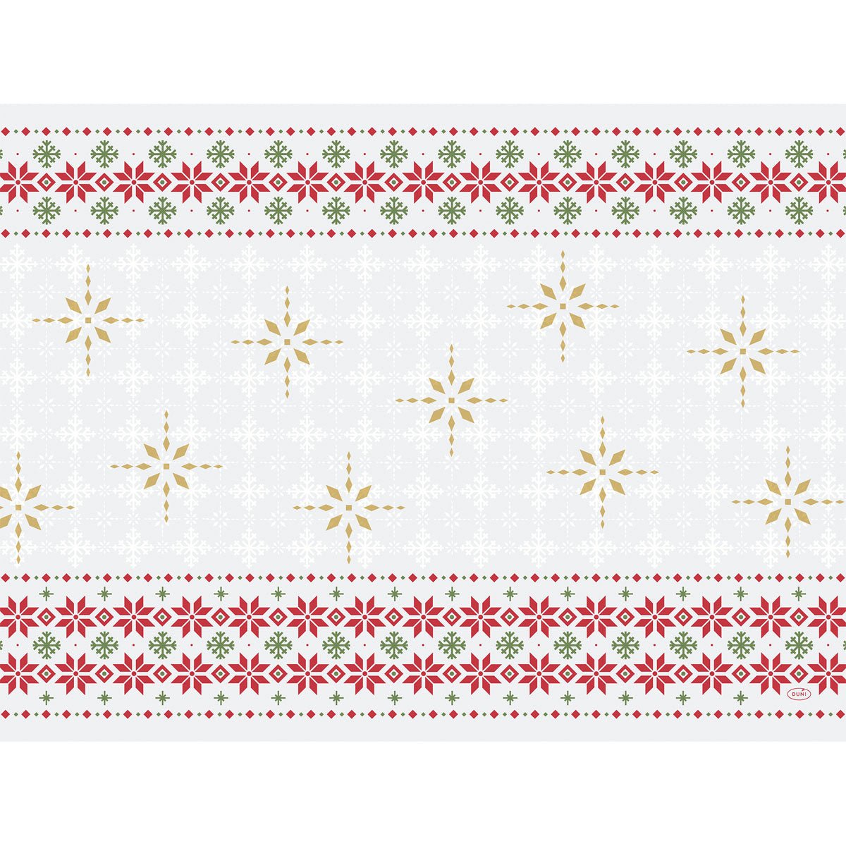 Les sets de table en papier Duni GmbH 30x40cm Tradition (paquet de 250 pièces) présentent des rangées horizontales de motifs floraux rouges et verts et des formes d'étoiles dorées sur fond blanc - idéaux pour une protection de table festive ou des tables de fête élégantes.