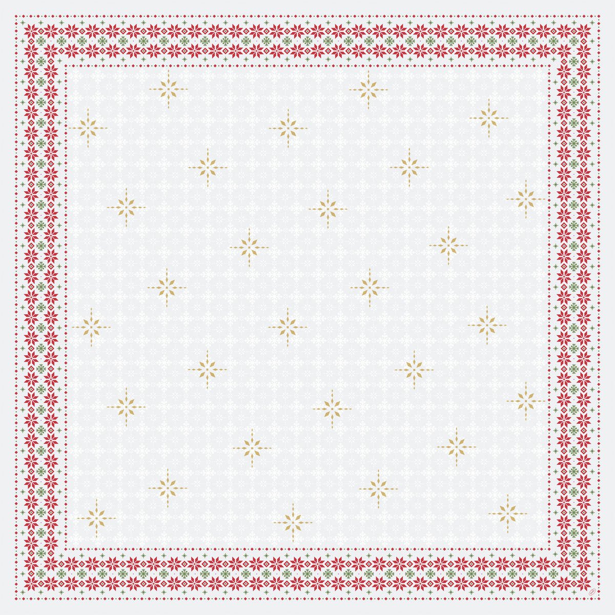 La nappe Dunicel 84x84cm Tradition de Duni GmbH a un fond blanc avec des étoiles dorées et des bordures de fleurs rouges - un choix décoratif idéal pour les occasions festives. L'emballage contient 20 pièces.