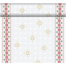 Le Dunicel-Tete a Tete 0,4x24m de Duni GmbH présente des flocons de neige dorés au centre, des bordures de fleurs rouges et vertes et un fond discret de flocons de neige blancs - parfait comme chemin de table élégant ou décoration de table.