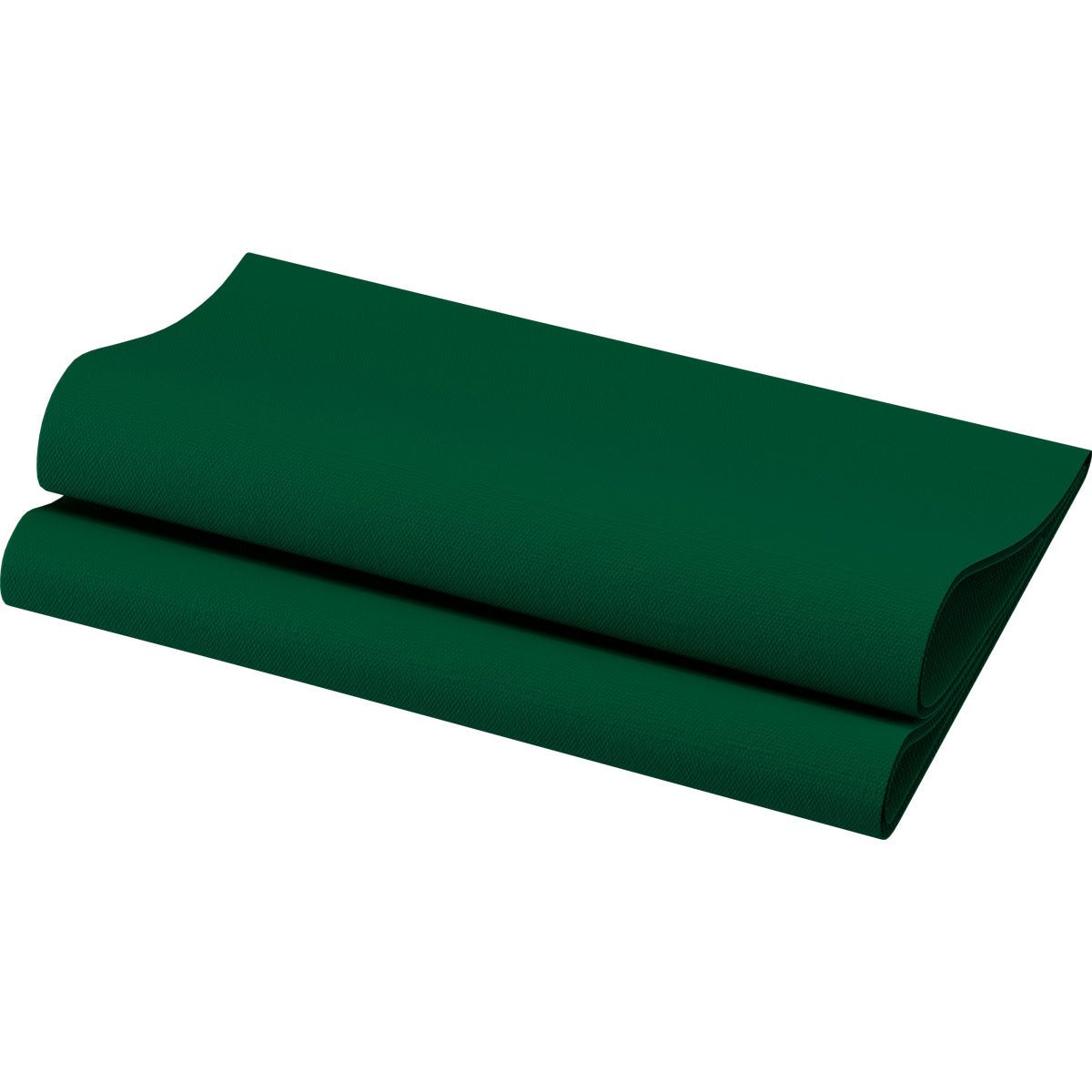 Une serviette Bio-Dunisoft soigneusement pliée (40 x 40 cm, 1/4 pli) de Duni GmbH en vert foncé, qui rappelle par sa texture une décoration de table de luxe écologique, est placée sur fond blanc.